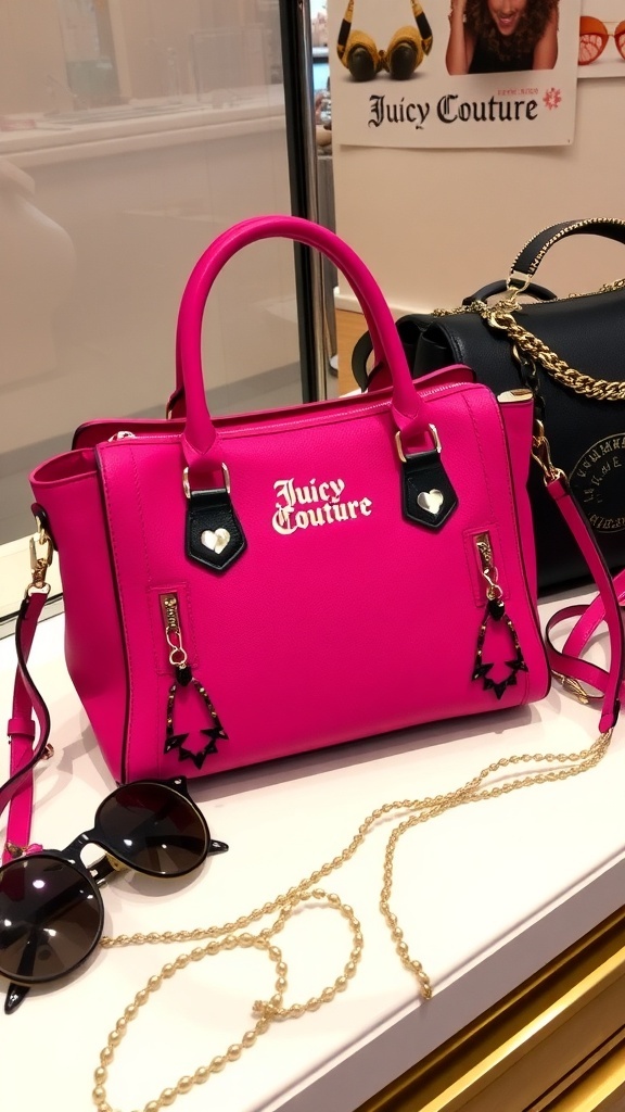 A colorful Juicy Couture purse with the logo, displayed with fashionable accessories.